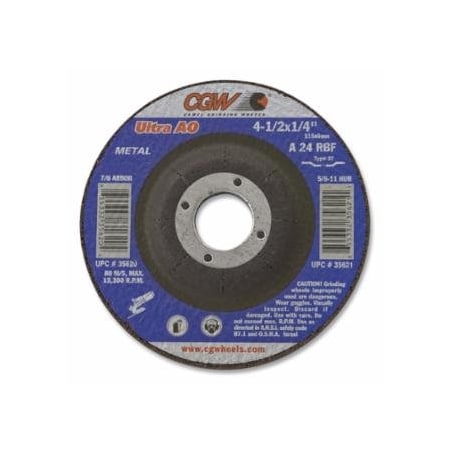 Cgw Abrasives 1/4 in Depressed Center Wheel Type 27, 4-1/2 in dia, 7/8 in Arbor, A24R, 25PK 421-35620