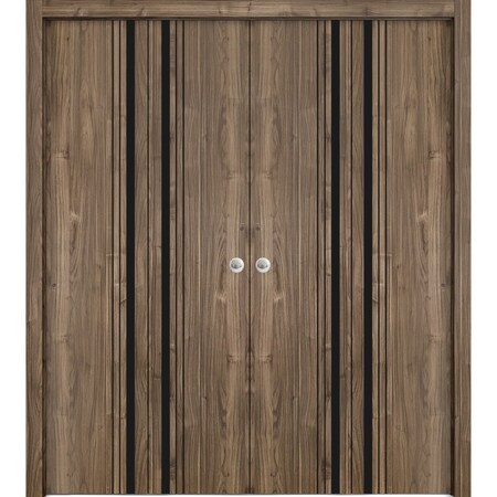 Sartodoors Sliding Closet Double Bi-fold Doors, Planum 0011 Walnut and Aluminum Strips, Sturdy Tracks Moldings PLANUM0011DBF-WLN-96 x 80 (4* 24x80)