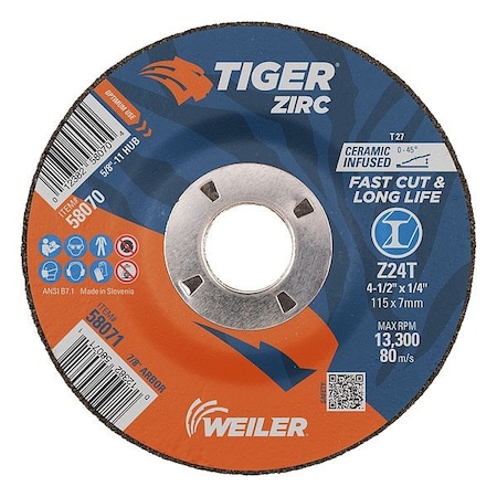 Weiler Abrasive Grinding Wheel, Type 27, 4 1/2 in Dia, 0.25 in Thick, 7/8 in Arbor Hole Size, 24 Grit 58071
