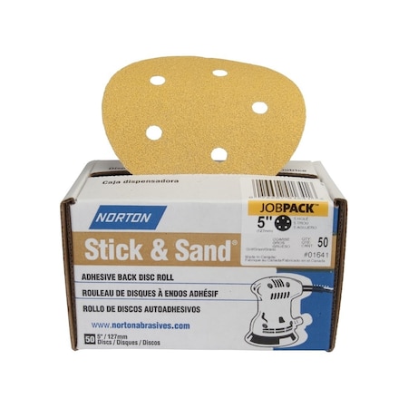 Norton Stick & Sand Sanding Disc, 5 in Dia, Coated, 60 Grit, Coarse, Aluminum Oxide Abrasive, 50PK 07660701641