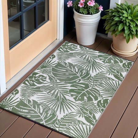 Homeroots 3' X 5' Green Floral Machine Braided Distressed Area Rug With UV Protection 555612