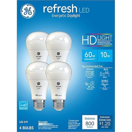 Ge 96708 LED Bulb, 800 Lumens, 10 W, A19 Lamp, 60 W Equivalent, E26 Lamp Base, Dimmable, Daylight, 4PK 93129425/96708