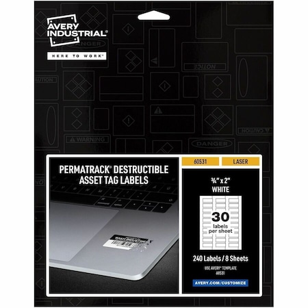 Avery Destructible Asset Tag Labels, 3/4, PK240, 2 in W, White, Rectangle, 240 PK 60531