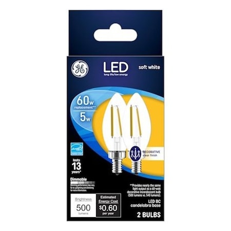 Ge Decorative LED Light Bulb, BC Lamp, 60 W Equivalent, E12 Candelabra Lamp Base, Dimmable, Clear, PK2 93129347