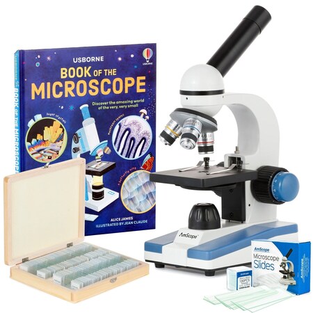 Amscope M150 Portable Student Monocular Compound Microscope 40X-1000X w/LED, 100 Prepared Slides, 50 Blank Sl M150C-PS100-WM-50P100S