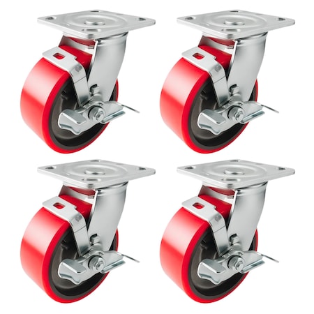 Hyw Products Heavy Duty Caster Set 5in Red Polyurethane on Cast Iron Wheels, 4 Swivel with Brake, 4PK 40-50S-A1-PC-TB-4 (R)