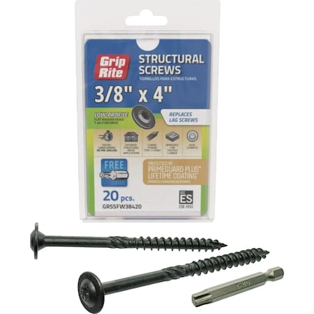 Grip-Rite PrimeGuard Plus 3/8''x4'' Flat Washer Head Structure Screw, 20-Count GRSSFW38420