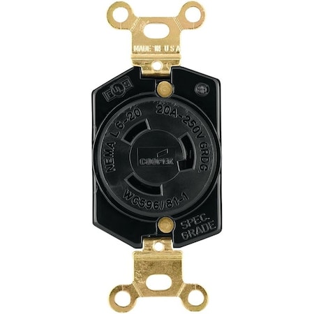 Arrow Hart Single Receptacle, 2-Pole, 250 V, 20 A, Back Wiring, NEMA: NEMA L6-20, Black L620R