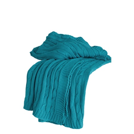 Homeroots 50" X 60" Teal Blue Cotton Cable Knitted Striped Throw Blanket 518772