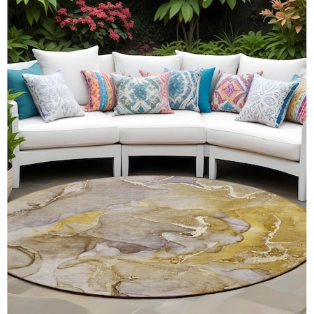 Homeroots 8' Round Taupe Round Abstract Washable Non Skid Indoor Outdoor Area Rug 559200