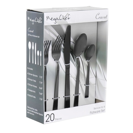 Megachef Cravat 20 Piece Flatware Utensil Set, Stainless Steel Service for 4 in Matte Black MCFW-CRAVAT-MATTEBLACK