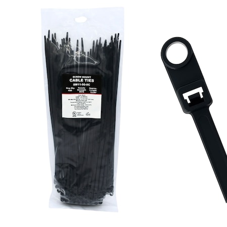 Cable Ties Unlimited Screw Mount Cable Tie, 11 in L, 50 lb Strength, 3.2 in Max Bundle Dia, Nylon, UV-Rated, Black, 100PK SM11-50-0C