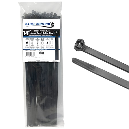 Kable Kontrol Metal Pawl Cable Ties, 14 in L, 4.07 in Max Bundle Dia., Black, Nylon 6-6 + Stainless Steel, 100 PK ctmp-14-50-100-bk