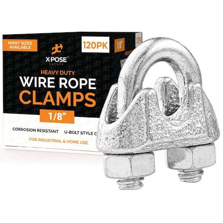 Xpose Safety Wire Rope Clamp for Stainless Steel 1/8in Galvanized U Bolt Cable Clips, 120PK GCC18-120-X-S