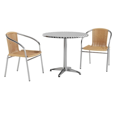 Flash Furniture Round Table Set, Aluminum, Plastic, Rattan, Stainless Steel, Grey TLH-ALUM-32RD-020BGECHR2-GG