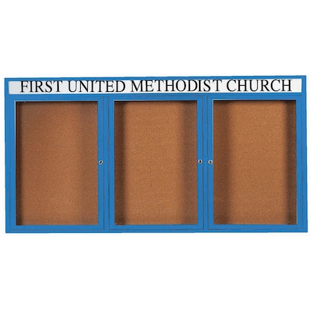 Aarco Enclosed Natural Pebble Grain Cork Bulletin Board w/ Header Blue Powder Coated Al Frame, 36''Hx72''W DCC3672-3RHB