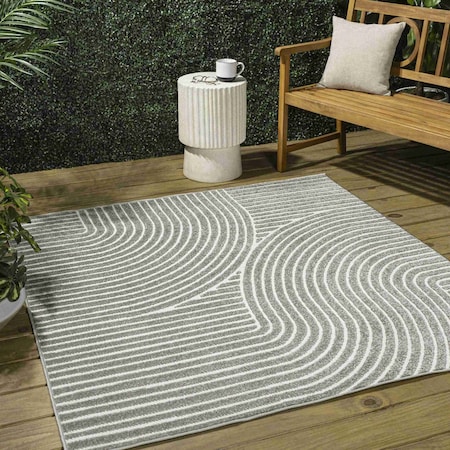 Jonathan Y Hallie High-Low Minimalist Curve Geometric Gray/Ivory 7 ft Square Indoor/Outdoor Area Rug SCN100A-7SQ