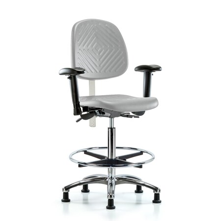 Blue Ridge Ergonomics CL100CleanRoom Chair-High Bench Ht with Med Back, Seat Tilt, Adj Arms, Chr FR, &Stat Glides in Gray Poly NCR-PHBCH-MB-CR-T1-A1-CF-RG-GRY