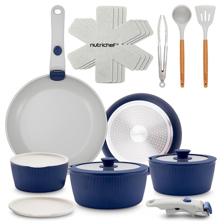 Nutrichef 18-Piece Ceramic Cookware Set with Detachable Handles, Non Stick Pots and Pans, PTFE-Free Natural NCCS18DTHBL