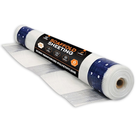 Xpose Safety 13ft x 100ft Scaffold Sheeting, Fire Retardant, White w/Blue Reinforced Eyelet Bands SSFR-13100-X