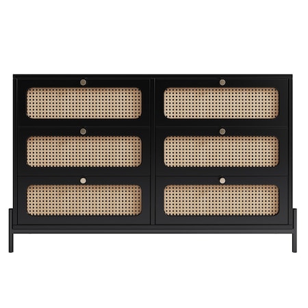 Homeroots 47" Black Wood And Rattan Six Drawer Double Dresser 653110