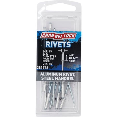 Channellock 1/8'' to 5/32''Dia.x0.251'' to 0.437'' Grip Aluminum Multigrip POP Rivet, 20PK 381578