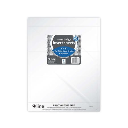 C-Line Products 3" x 4" White Replacement Name Badge Insert Sheets for Laser/Inkjet Printers, 60/PK, 5PK/BX, 10BX/CT 92443-BX