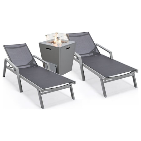 Leisuremod Marlin Grey Aluminum Patio Chaise Lounge Chair With Arms Set of 2 with Square Fire Pit Table, Black MLAGRCF21-77BL2