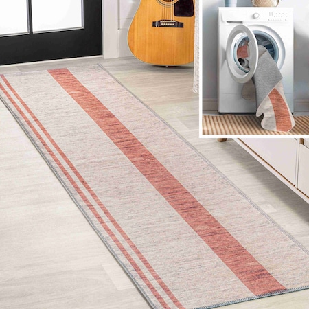 Jonathan Y Raita Modern Distressed Stripe Non-Slip Machine-Washable Ivory/Peach 2 ft. x 8 ft. Runner Rug WSH116A-28