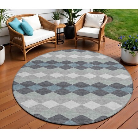 Homeroots 8' Gray Black And Green Round Geometric Washable Indoor Outdoor Area Rug 597904