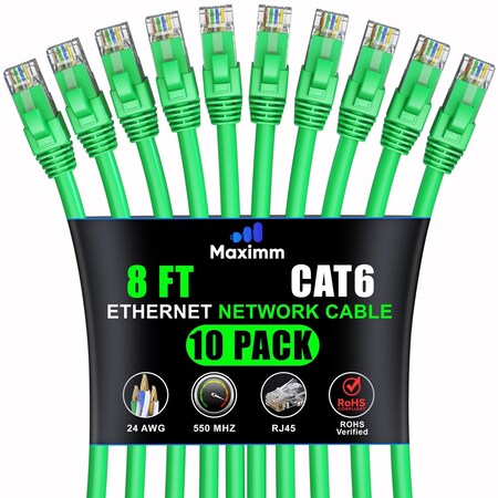 Maximm Cat6 Ethernet Cable 8ft 10Gbps 550MHz UTP, 10PK, Green, 10PK CAT6CCA-8GN10PK