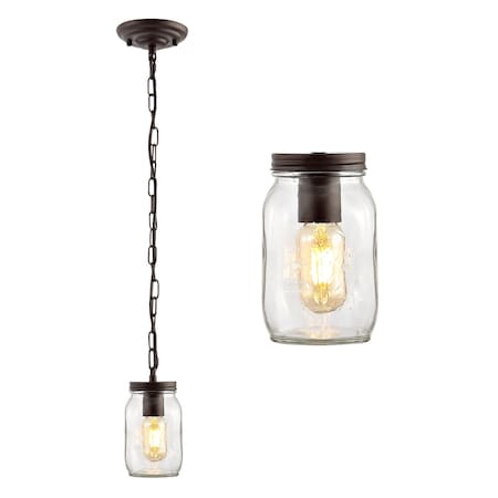 Jonathan Y Gaines 5.5" 1-Light Farmhouse Industrial Iron Mason Jar LED Pendant, Oil Rubbed Bronze/Clear JYL7800A