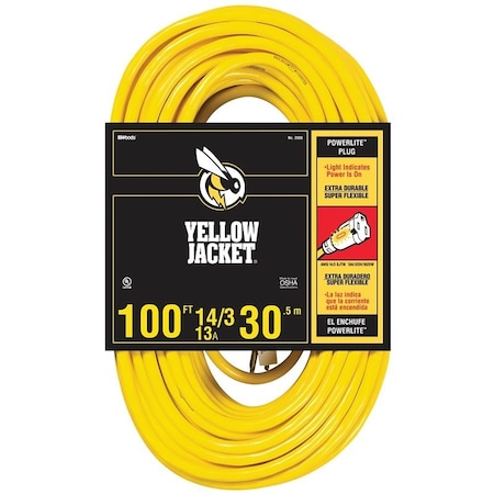 2888 Extension Cord, 14 AWG Cable, 100 ft L, 13 A, 125 V, Yellow