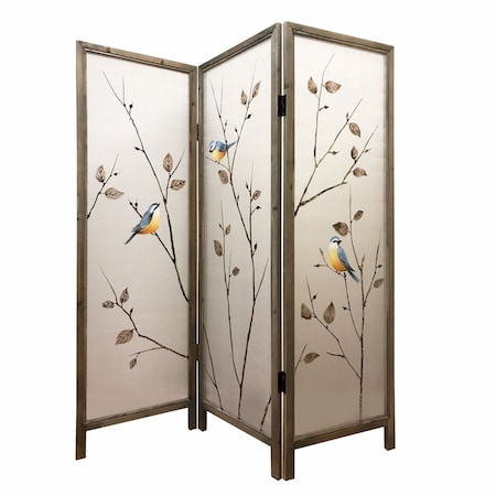 Homeroots 63" Brown Fabric and Wood Folding Three Panel Screen Room Divider 342737