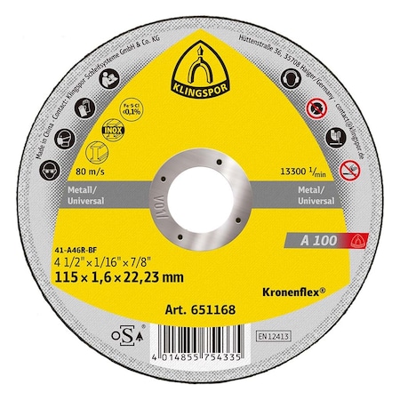 Klingspor A100 Cut-Off Wheel 4-1/2 in x 1/16 in x 7/8 T1, 25PK A1001151.622F