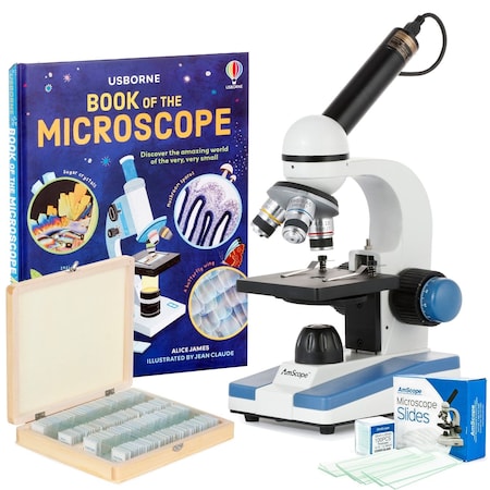 Amscope M150 Portable Student Monocular Compound Microscope 40X-1000X w/LED, 1MP USB Eyepiece Camera, 100 Pre M150C-PS100-WM-50P100S-E