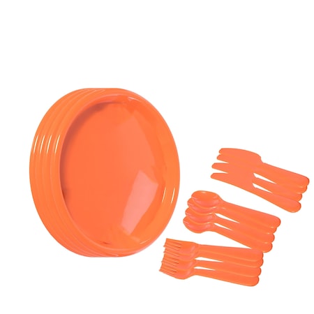 Basicwise Reusable Cutlery Set of 4 Plastic Plates, Spoons, Forks and Knives for Baby and Toddlers, Orange QI003831.OR