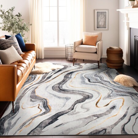 World Rug Gallery Contemporary Marble Washable Non Slip Area Rug 8 ft x 10 ft Gray WR80GRAY8X10