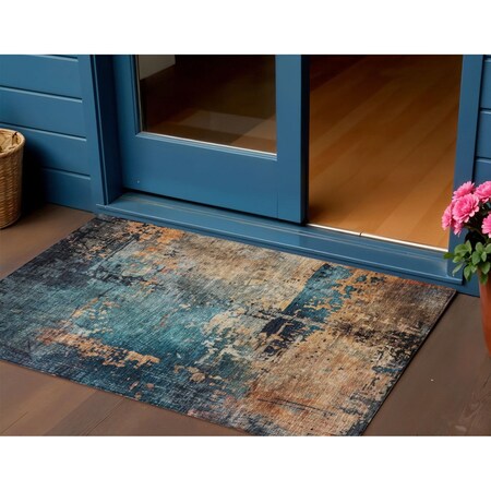 Homeroots 3' X 5' Teal Blue Black And Copper Abstract Washable Indoor Outdoor Area Rug 606074