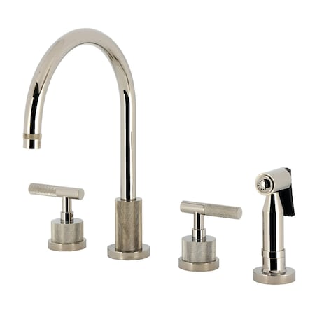 Kingston Brass Double-Handle Widespread Kitchen Faucet with Knurled Handle and Brass Sprayer, Polished Nickel KS8726KNLBS
