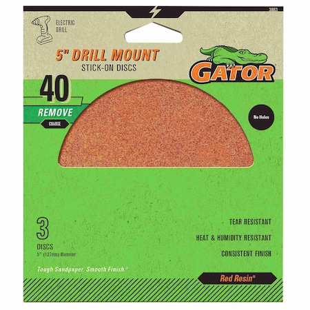 Gator Finishing Red Resin 5 in. Drill Mount Stick-On Sanding Discs, 40 Grit, Coarse, 3PK 3003