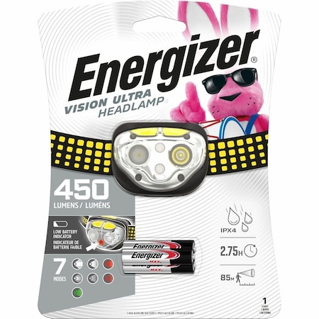Energizer Headlight, AAA Battery, LED Lamp, 400 Lumens Lumens, 80 m Beam Distance, 2 hr Run Time, Gray HDE32E