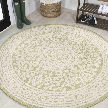 Jonathan Y Sinjuri Medallion Textured Weave Green/Cream 5 ft Round Indoor/Outdoor Area Rug SMB101E-5R