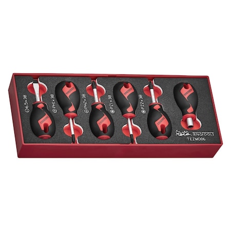 Teng Tools 6 Piece Stubby Flat/Slotted, Phillips Ph, Pozidriv Pz Tip Head Screwdriver Foam Set TEZMD06