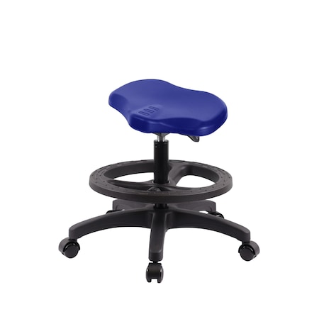 Blue Ridge Ergonomics Poly Ray Sit-Stand Stool-Medium Bench Height with Black Foot Ring & Casters in Blue Poly PRPMBSO-RG-BF-RC-BLU