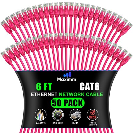 Maximm Cat6 Ethernet Cable 6ft 10Gbps 550MHz UTP, 50PK, Pink, 50PK CAT6CCA-6PN-50PK