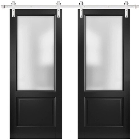 Sartodoors Sturdy Double Barn Door with, Lucia 22 Matte Black with Frosted Glass, 13FT Rail Hangers Heavy Set LUCIA22DB-S-BLK-72
