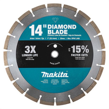 Makita General Purpose Segmented Rim Diamond Blade, 14 in dia Blade, 1 in Arbor/Shank, Wet/Dry Cutting B-69646