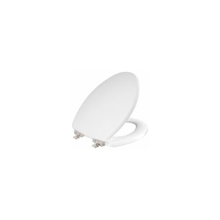 Bemis Elongated Wood Toilet Seat, White Enamel, Never Loosens, Slow-Close Brushed Nickel Hinge 126NISLA 000