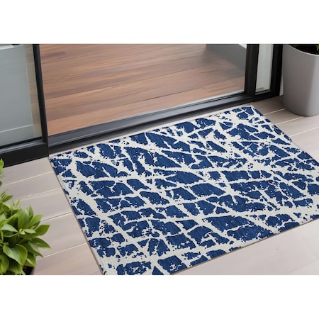 Homeroots 2' X 3' Navy and Ivory Abstract Washable Non Skid Indoor Outdoor Area Rug 559631